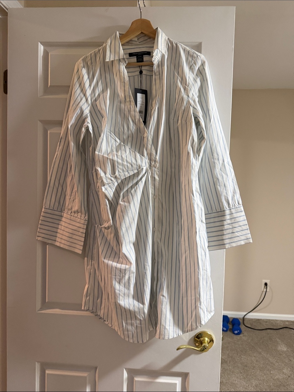 French Connection White Shirt Dress with Blue Stripes